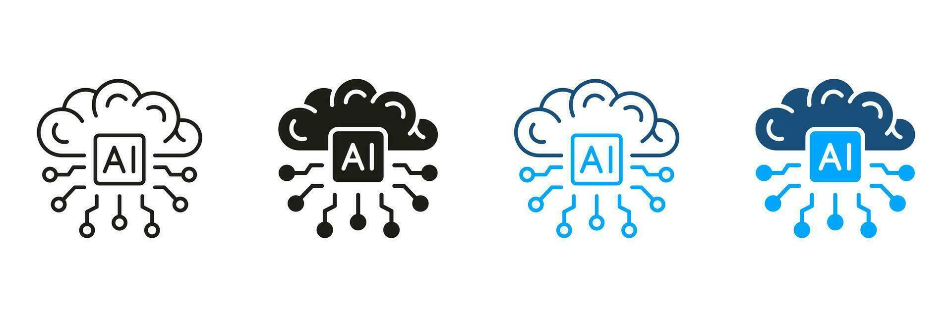 Digital Technology Concept. Tech Science Black and Color Symbol Collection. Artificial Intelligence Silhouette and Line Icons Set. Human Brain with Circuit Pictogram. Isolated Vector Illustration.
