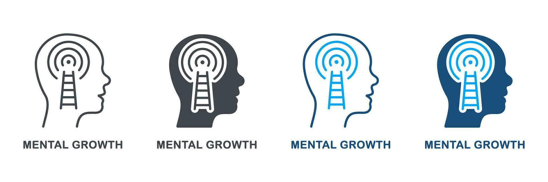 Mental Growth Silhouette and Line Icon Set. Human Head with Ladder Sign. Potential Career Success, Motivation Pictogram. Psychology Therapy Symbol Collection. Isolated Vector Illustration.