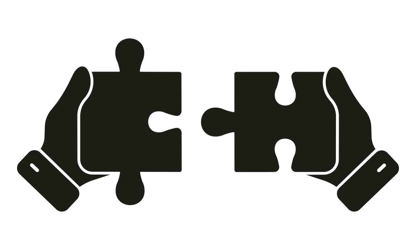 Puzzle Assemble, Game Solution Glyph Pictogram. Collaboration, Teamwork, Solving Problem Together Solid Symbol. Human Hands Connect Jigsaw Pieces Silhouette Icon. Isolated Vector Illustration.