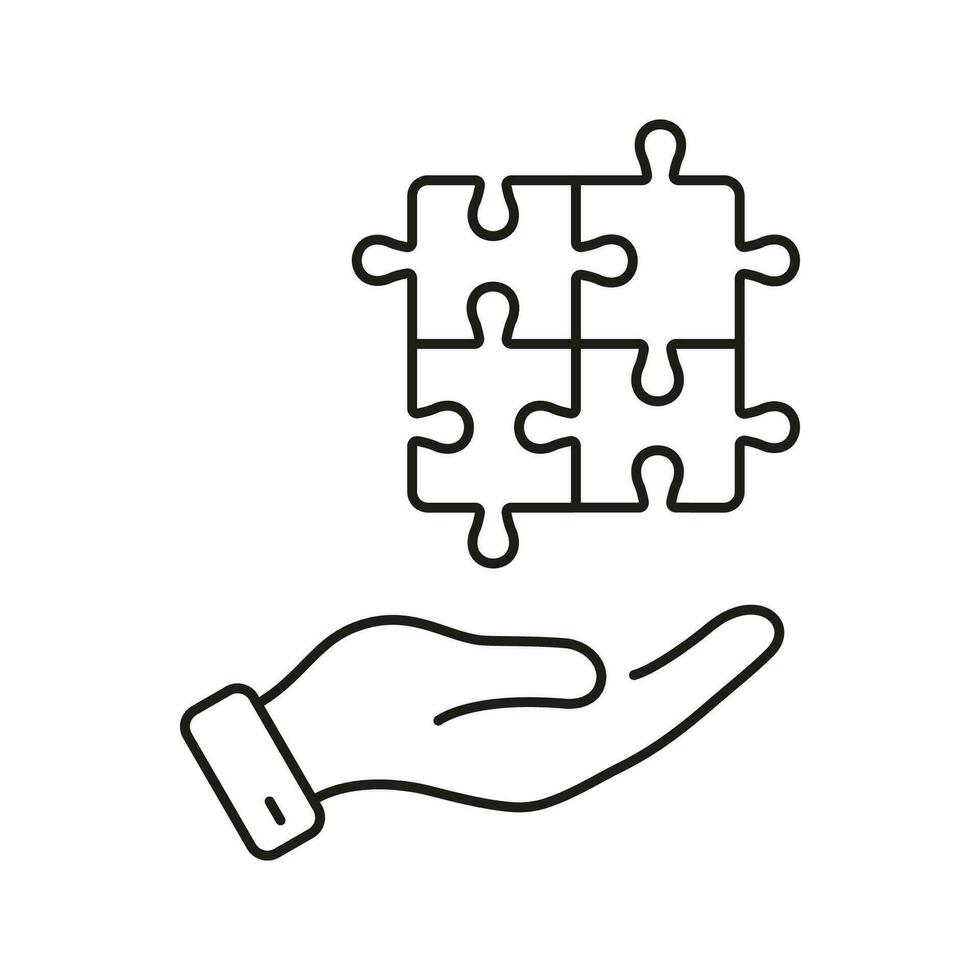 Jigsaw Piece, Success Teamwork Linear Pictogram. Strategy, Problem Solving, Solution, Idea Outline Sign. Puzzle and Human Hand Line Icon. Editable Stroke. Isolated Vector Illustration.