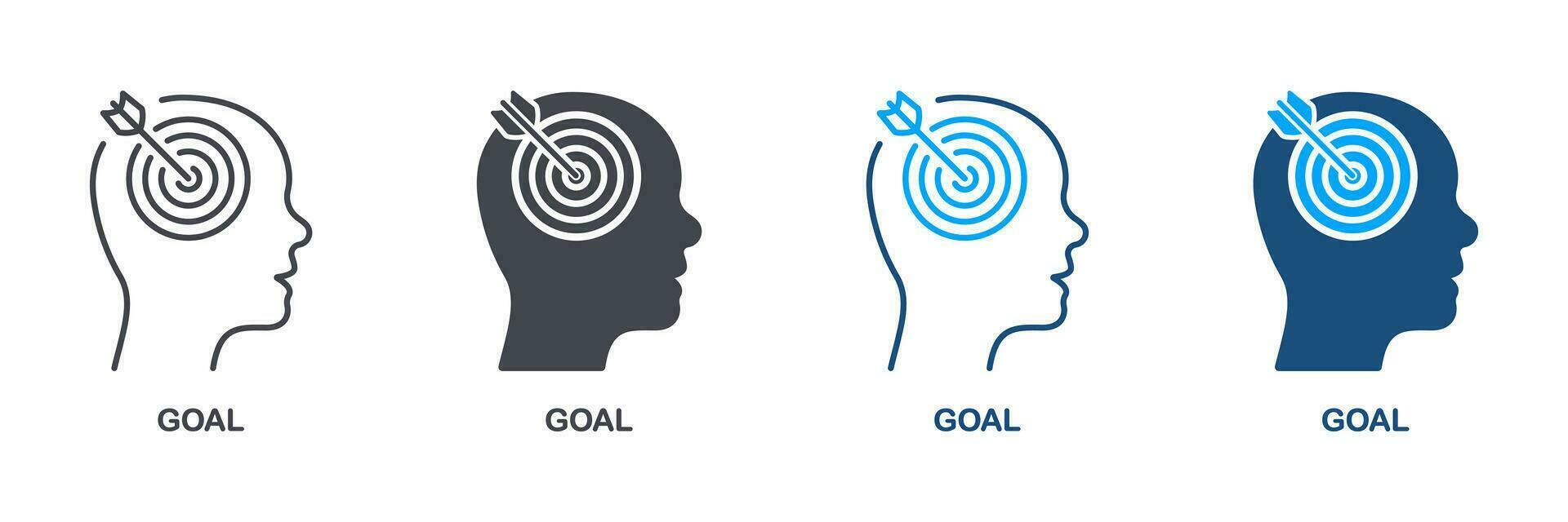 Goal, Focus, Target, Aim Silhouette and Line Icon Set. Objective Focused Person Symbol Collection. Arrow in Human Brain Pictogram. Concentration Intellectual Process. Isolated Vector Illustration.