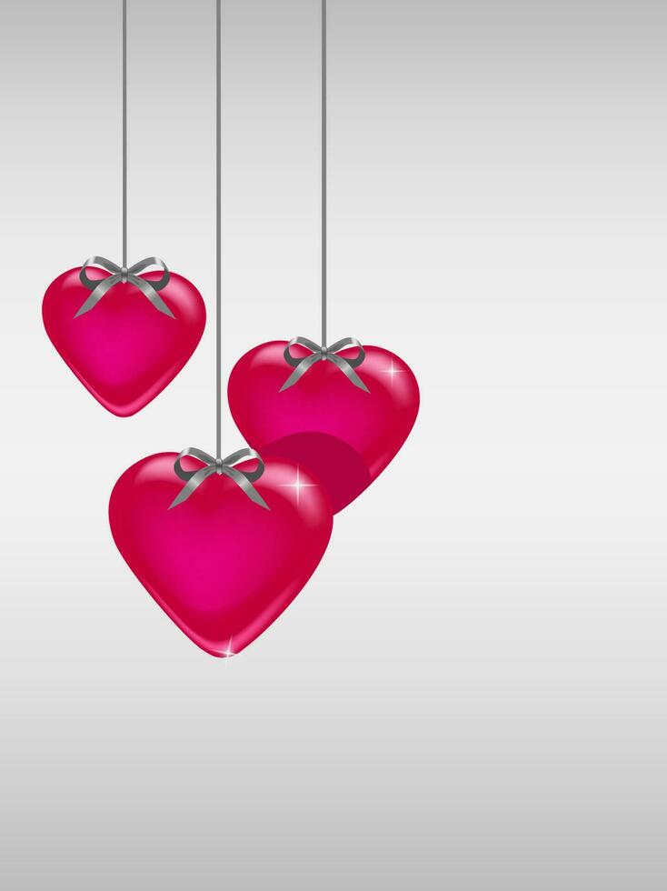 Vector illustration three hanging glossy hearts. Greeting card, phone desktop wallpaper, background