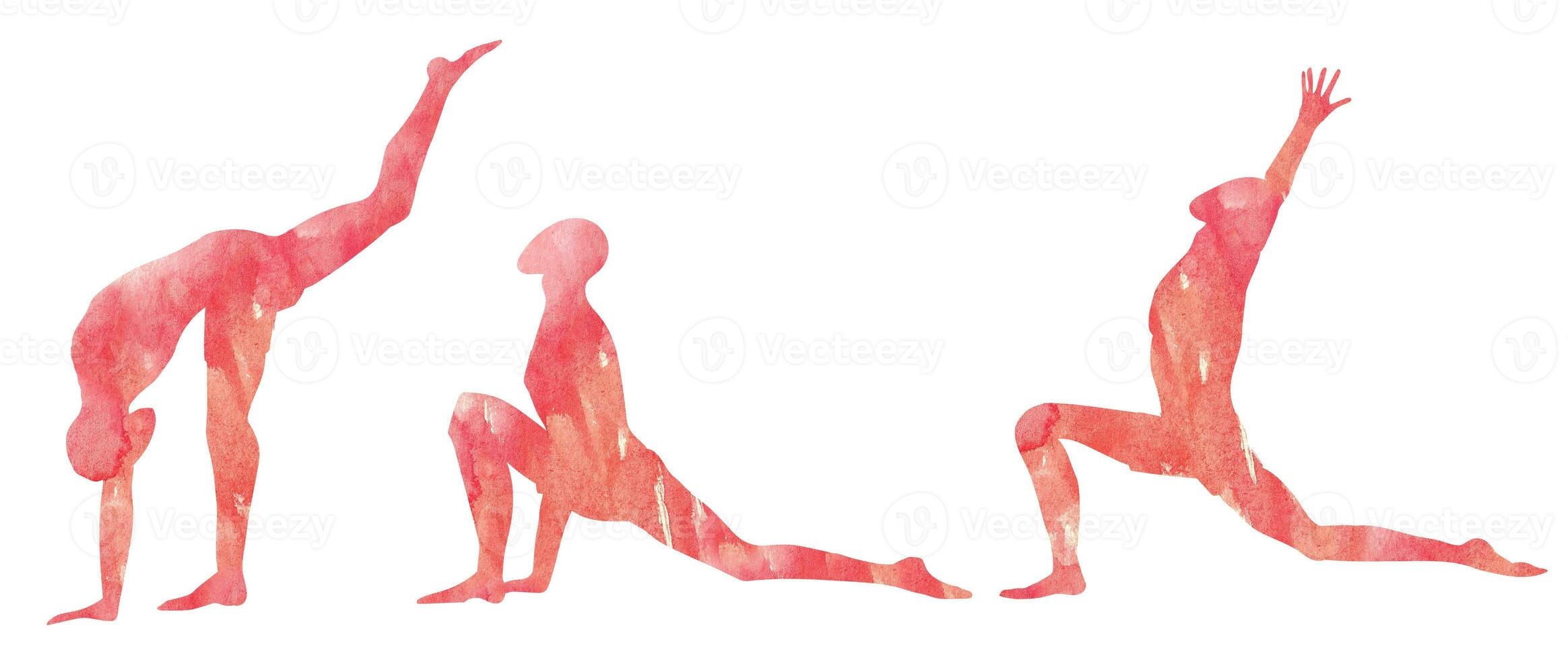 conjunto de asanas de yoga práctica surya namaskar o saludo a el Dom o Dom saludo. mantener calma. acuarela ilustración. siluetas foto