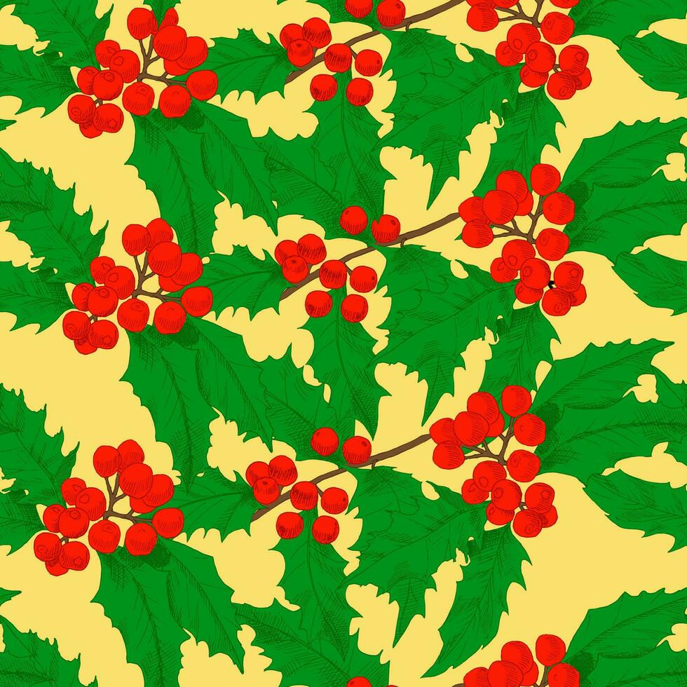 Seamless vector pattern with colored holly branches on a yellow background. Background for textiles, fabrics, covers, wallpapers, print, wrapping gift