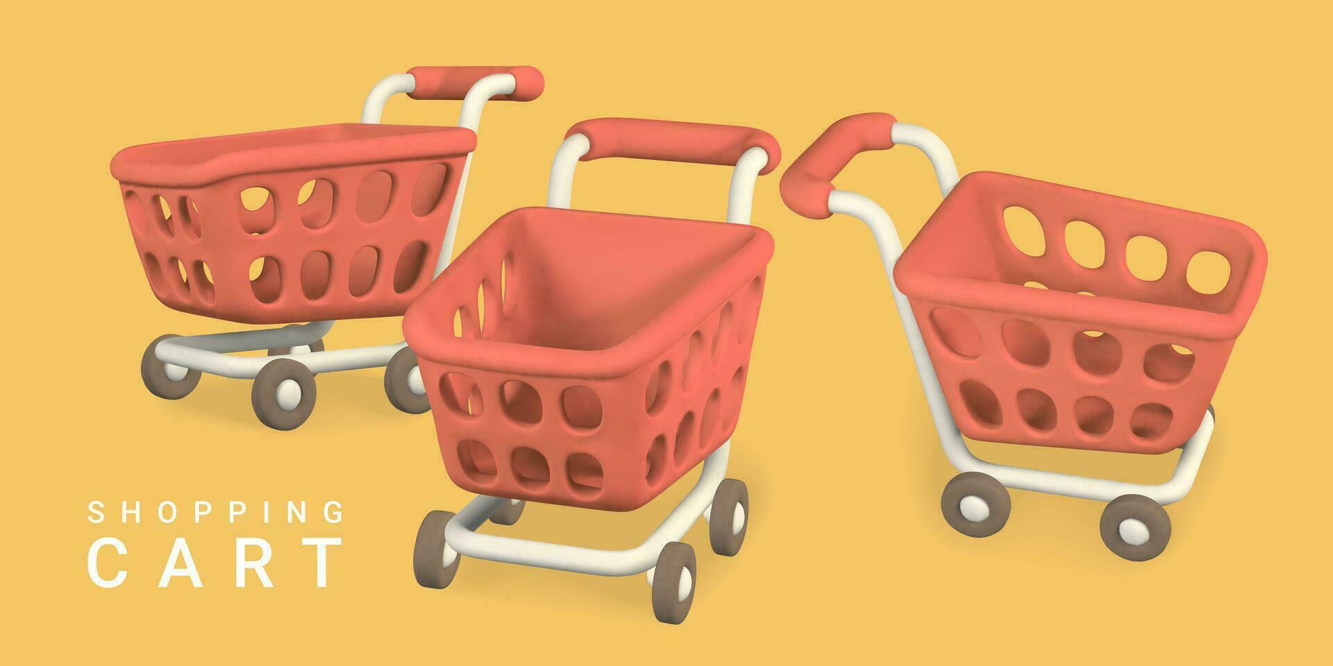 3d empty shopping carts on yellow background. Shopping concept. Vector illustration