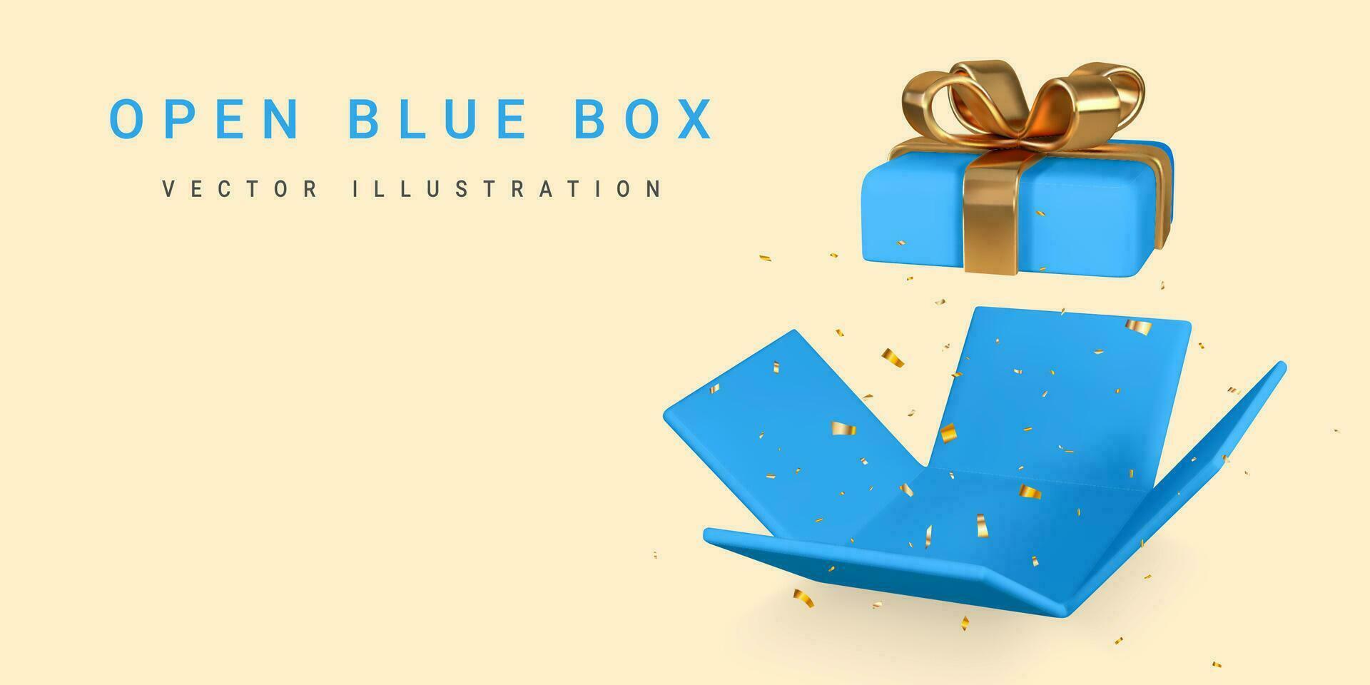 3D render and draw by mesh realistic open blue gift box and confetti. Vector Illustration