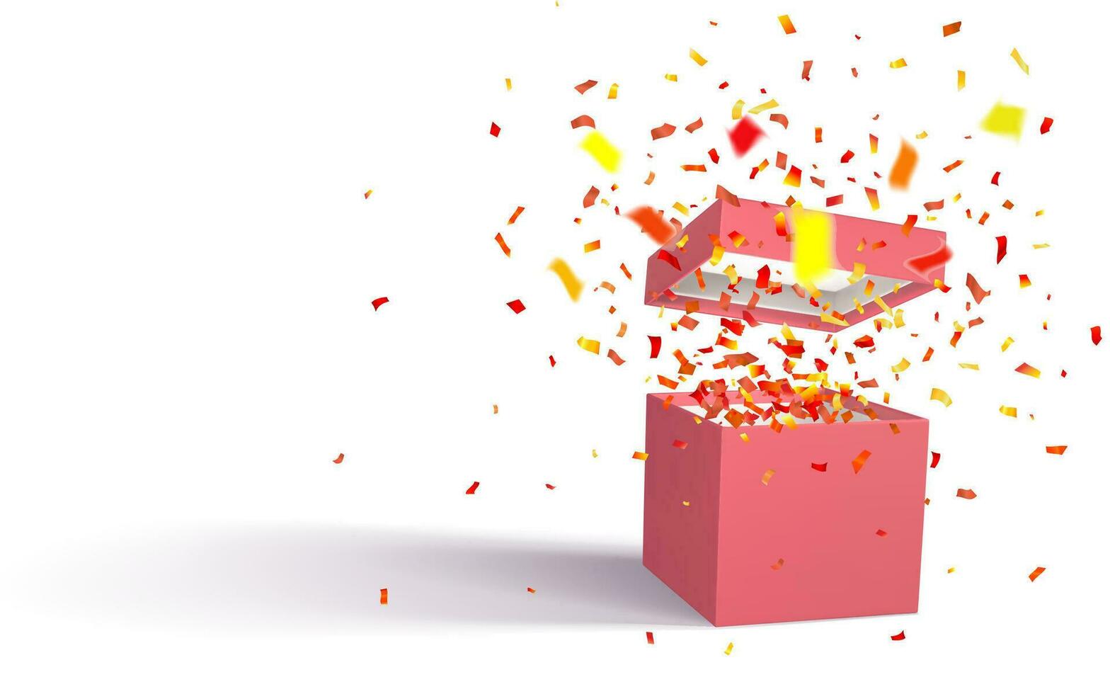 3D render realistic open gift box with confetti. Red paper box with shadow isolated on white background. Vector illustration