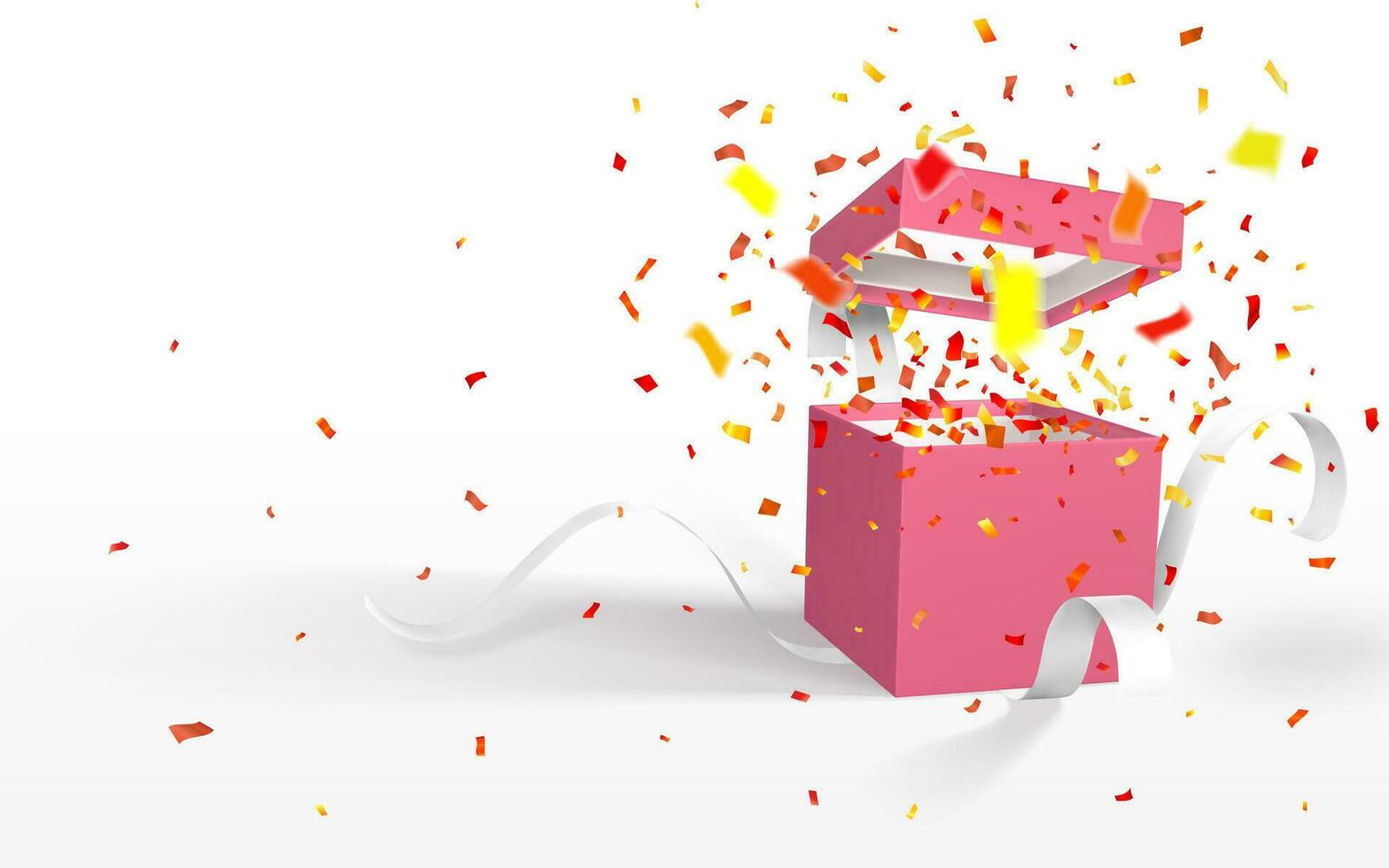 3D render realistic open gift box with confetti. Red paper box with white ribbon and shadow isolated on white background. Vector illustration