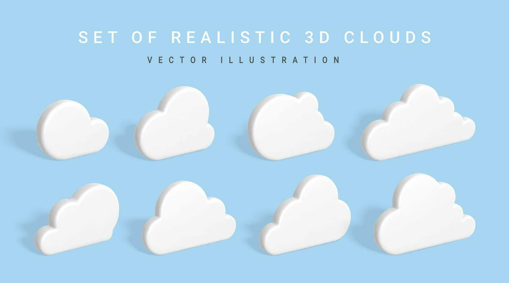 Set of 3d Clouds. White clouds with shadow isolated on blue background. Vector illustration