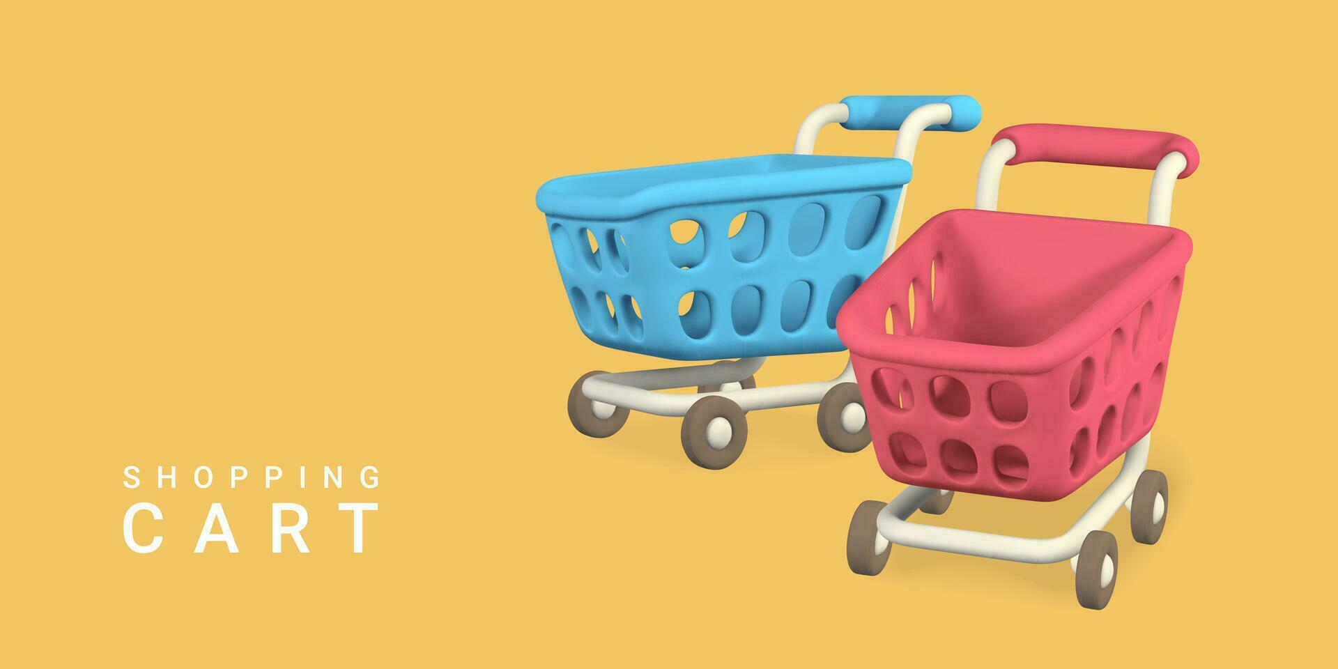 3d vacío compras carros en amarillo antecedentes. compras concepto. vector ilustración