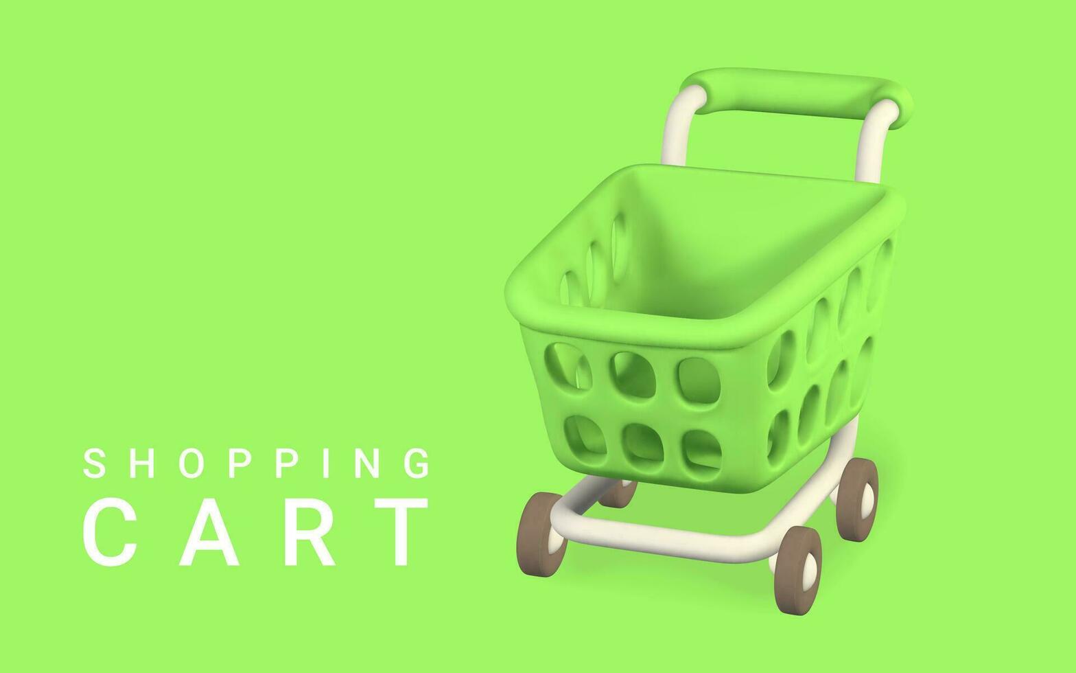 3d empty green shopping cart on a green background. Shopping concept. Vector illustration