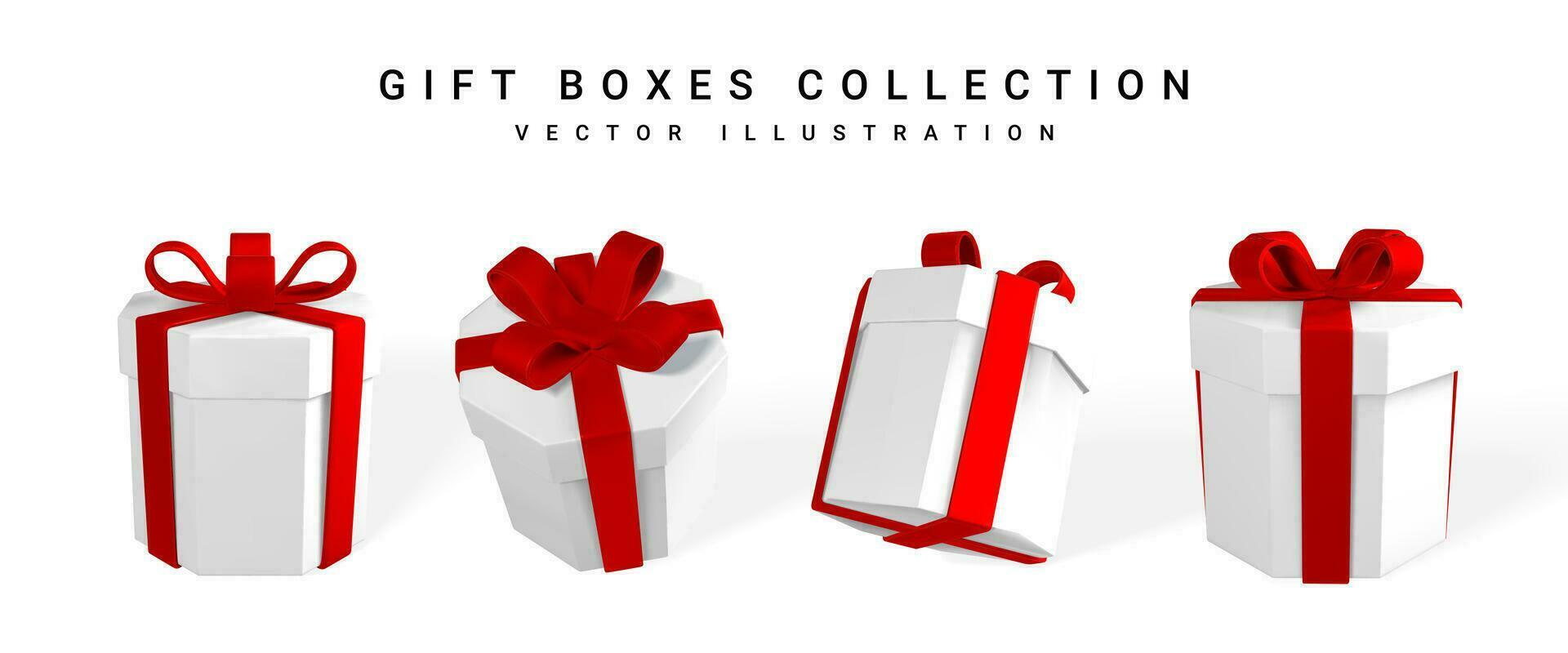 3D render realistic gift box with red bow. Paper box with red ribbon and shadow isolated on white background. Vector illustration