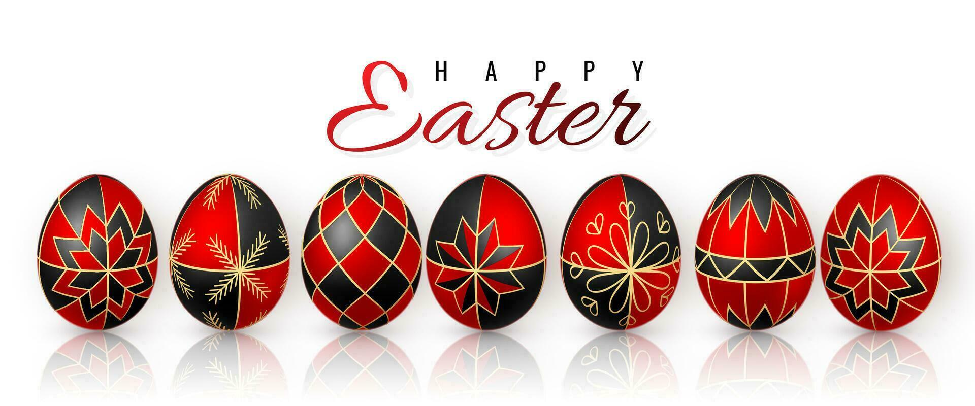 Color Easter egg on white background. Red and black egg paint by beeswax. Vector illustration