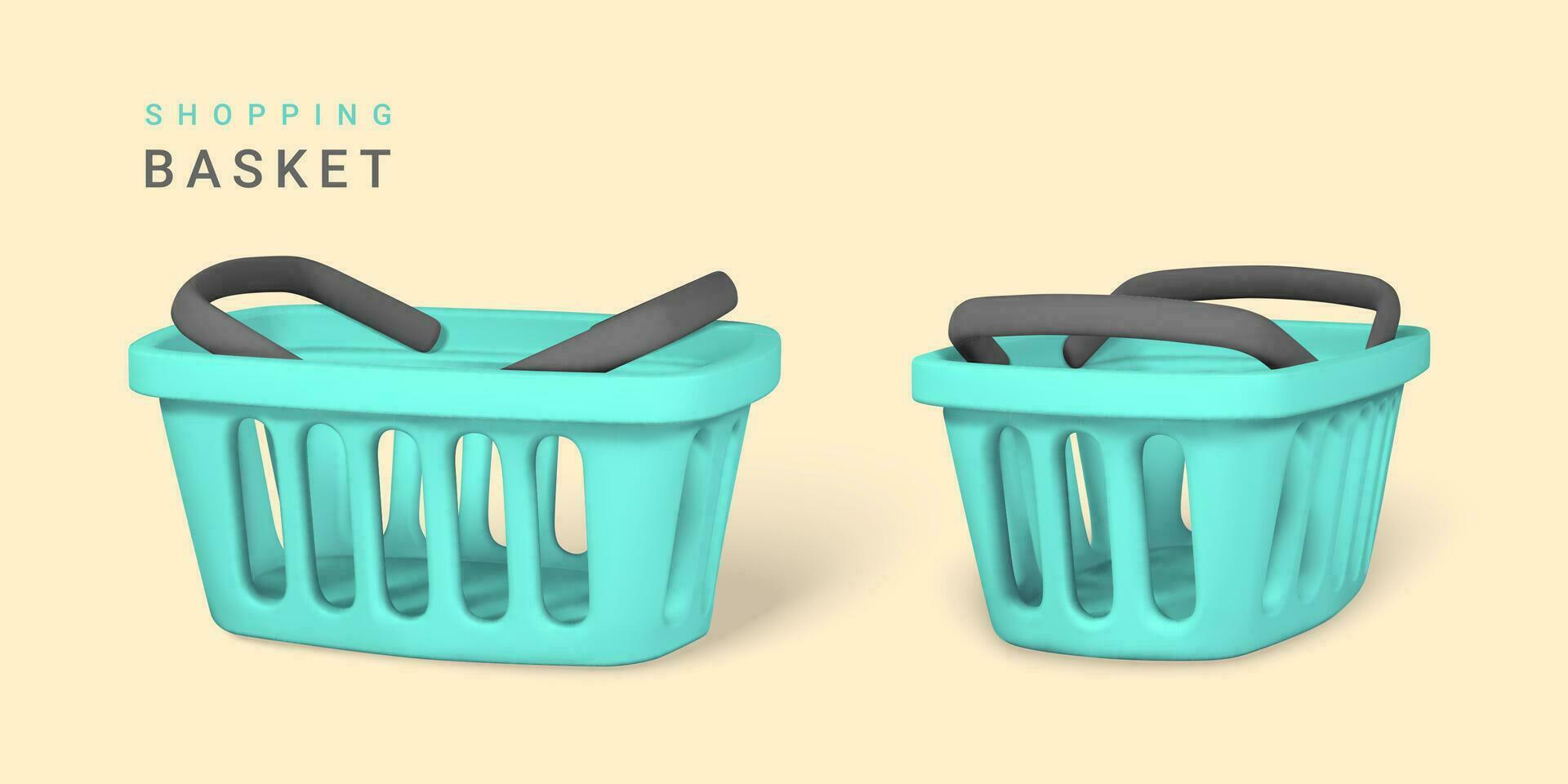 3d empty blue shopping basket. Shopping concept. Vector illustration