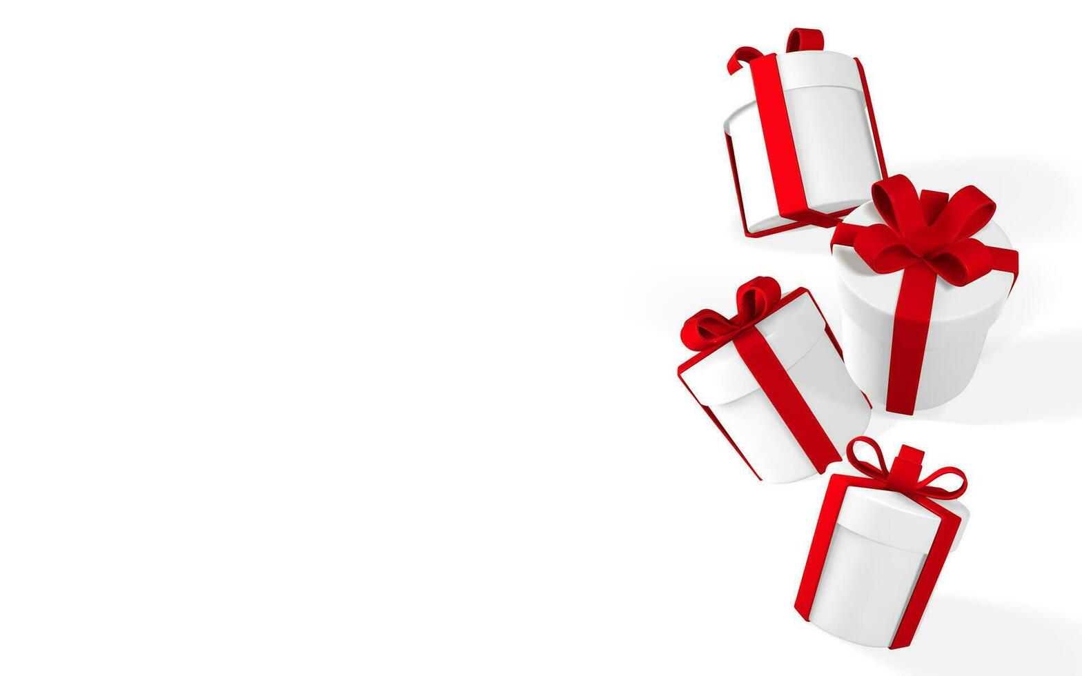 3d realista papel blanco regalo cajas con rojo cinta y arco. papel cajas que cae en blanco antecedentes. vector ilustración