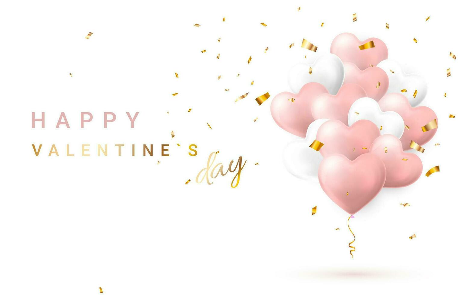 Happy Valentines Day background, flying bunch of pink and white helium balloon in form of heart. Vector illustration