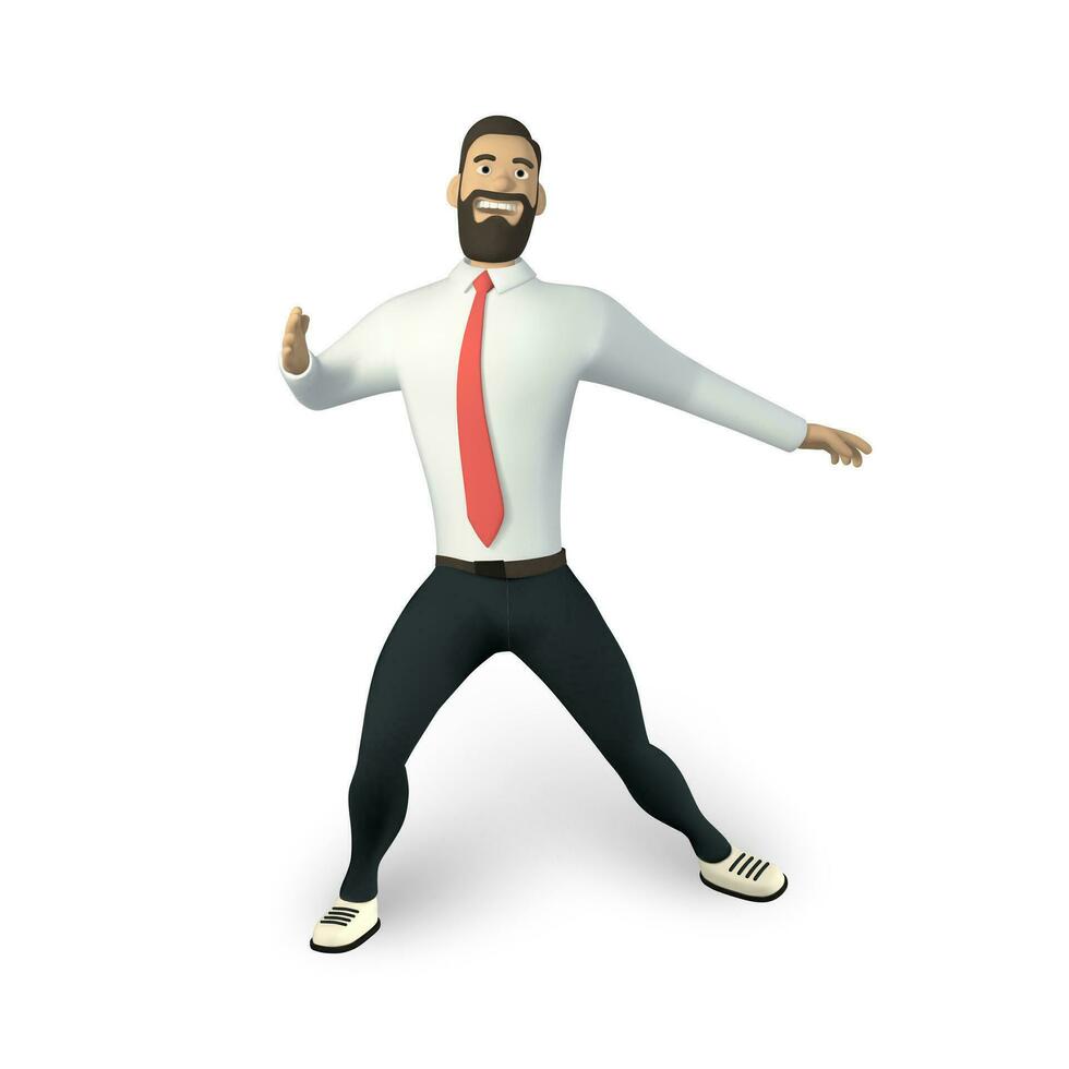 empresario personaje en 3d dibujos animados escalera para pasar una cerca. hombre en blanco camisa con atar. barbado chico, gesticulando vector ilustración