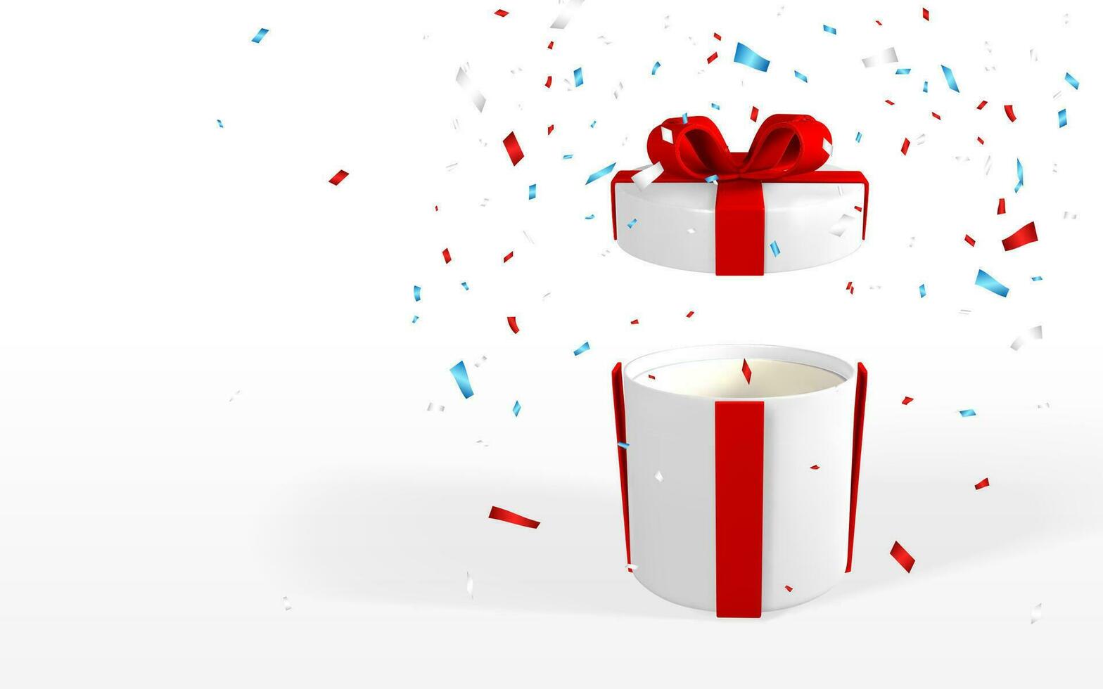 3D realistic white open gift box with red bow. Paper box with ribbon, shadow and confetti isolated on white background. Vector illustration