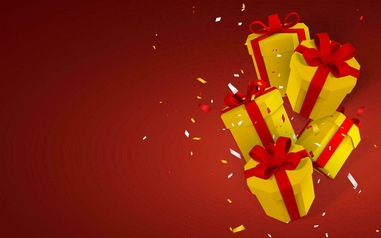 3D realistic paper yellow gift boxes with red ribbon and bow. Paper boxes falling on red background with confetti. Vector illustration