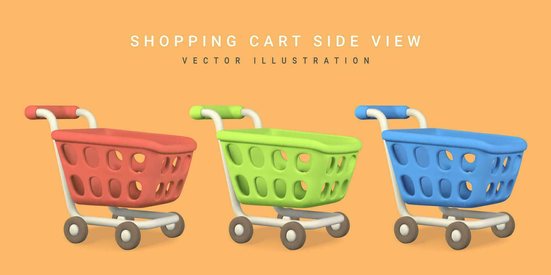 3d empty red, green and blue shopping carts. Shopping concept. Vector illustration