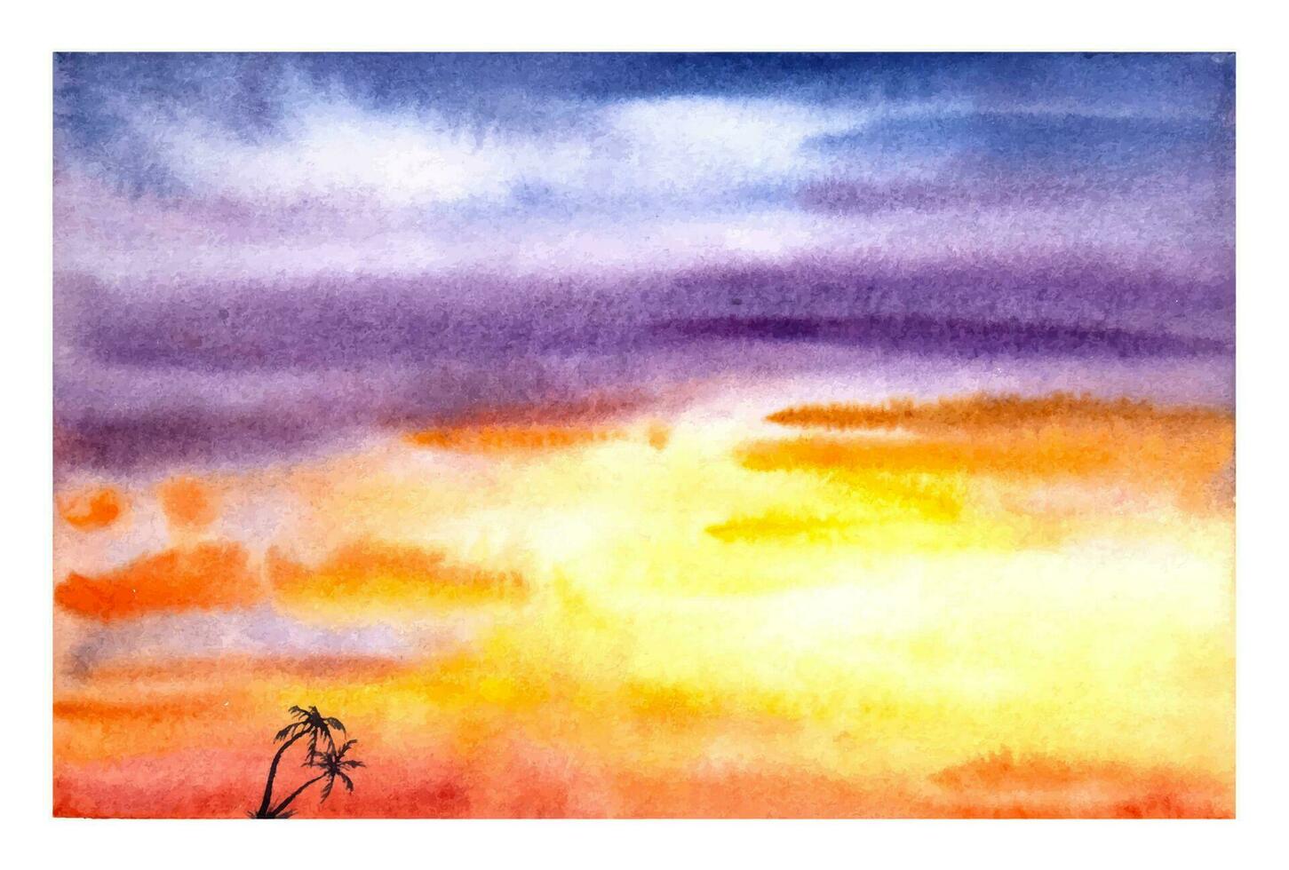 Hand drawn watercolor sunset with palm trees silhouettes. vector