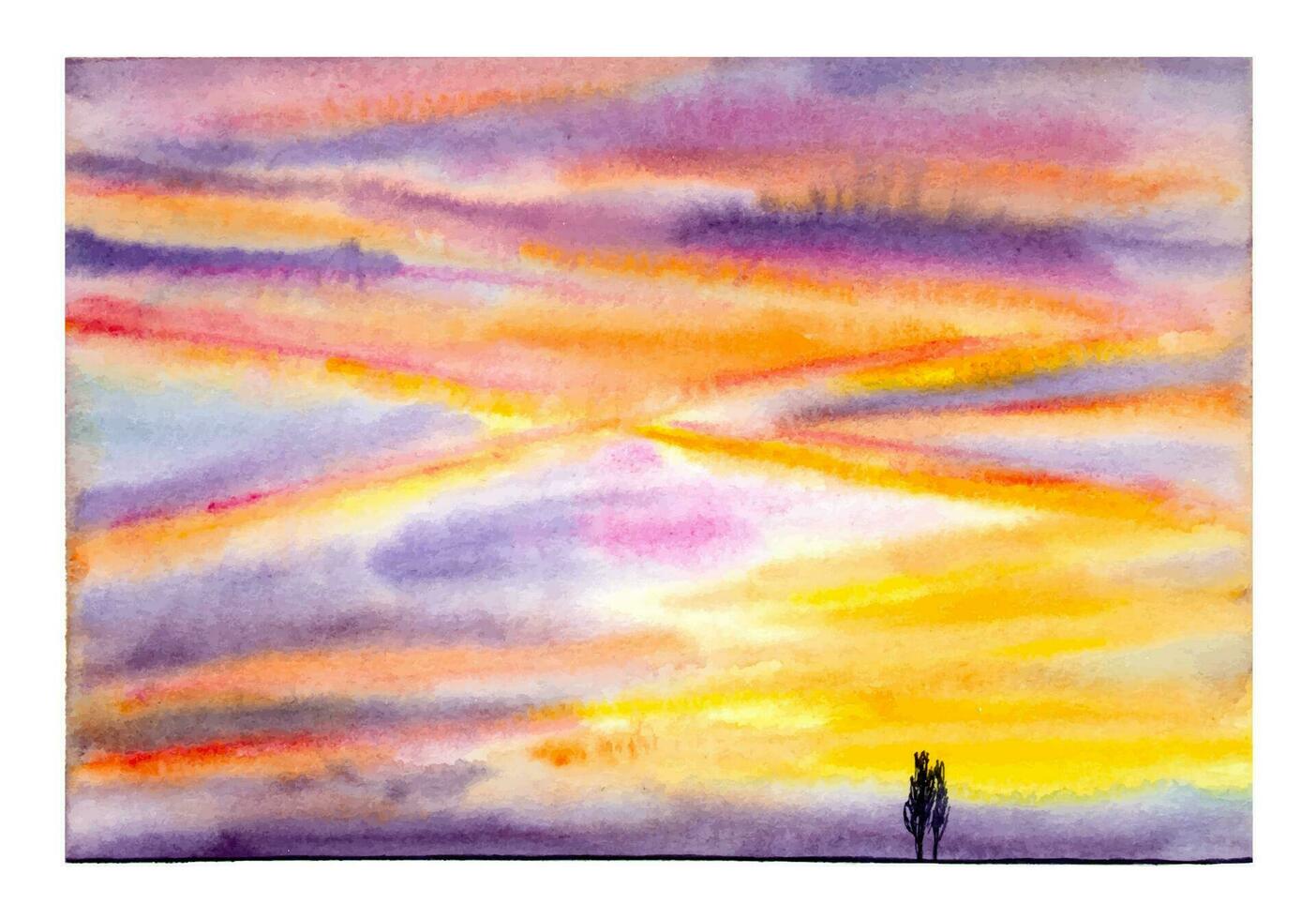 Hand drawn watercolor sunset sky with two trees silhouettes on the horizon. vector