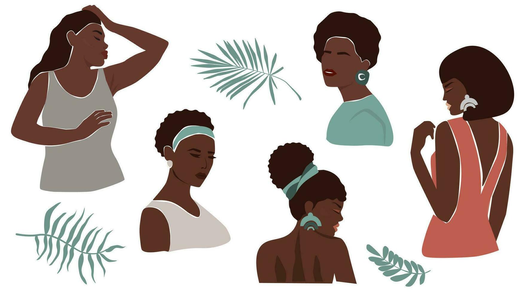 A set of portraits of beautiful dark-skinned tanned women. Fashionable girls in summer clothes. Vector graphics.