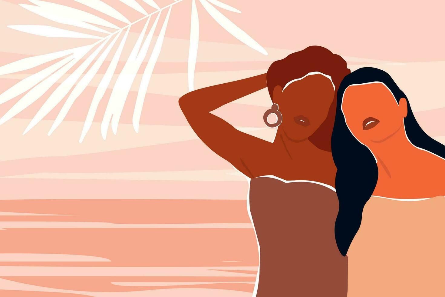 un bandera con resumen mujer en vacaciones en el verano. contemporáneo póster con un tropical diseño. hermosa muchachas en el antecedentes de el mar y palma hojas. vector gráficos.