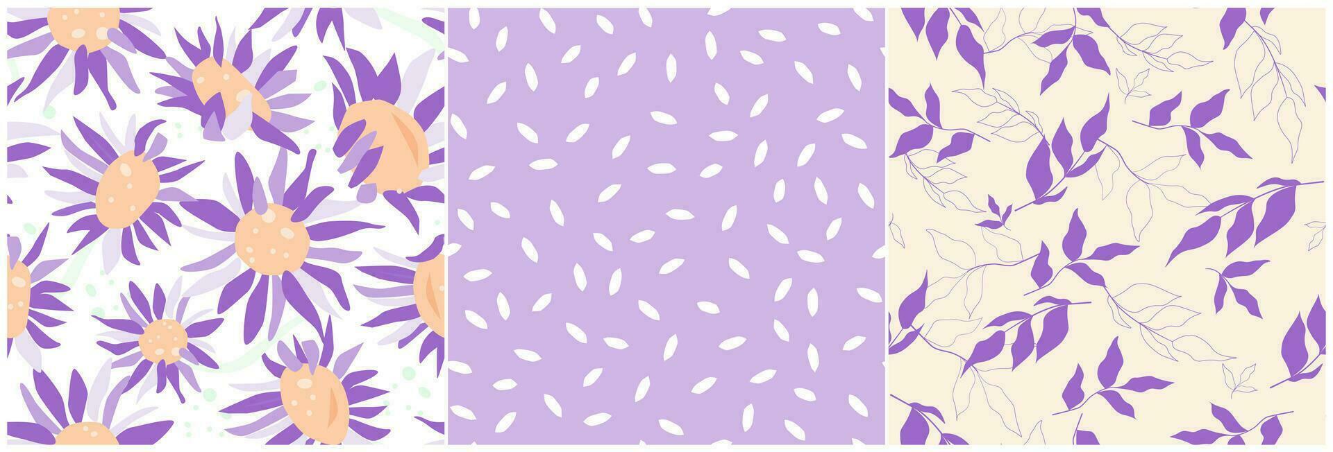 A set of seamless pattern with abstract flowers, petals, leaves. Summer natural ornament with sunflowers, daisies. Vector graphics.