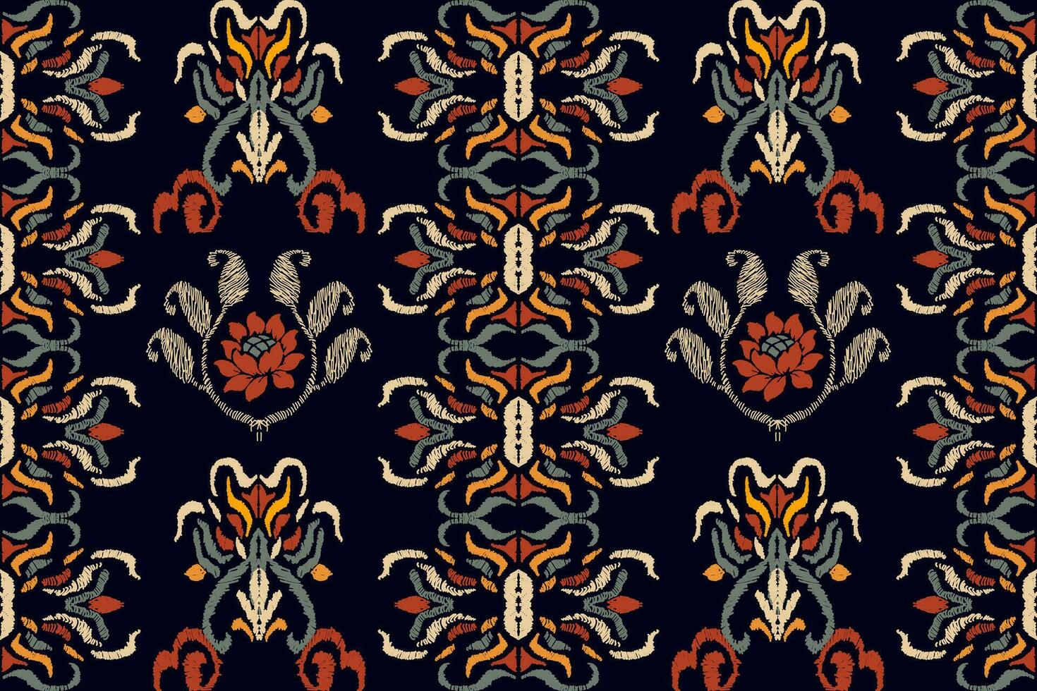 Seamless pattern of Ikat, traditional seamless pattern, black background, Aztec style, embroidery, abstract, vector, design illustration for texture, fabric, print. vector