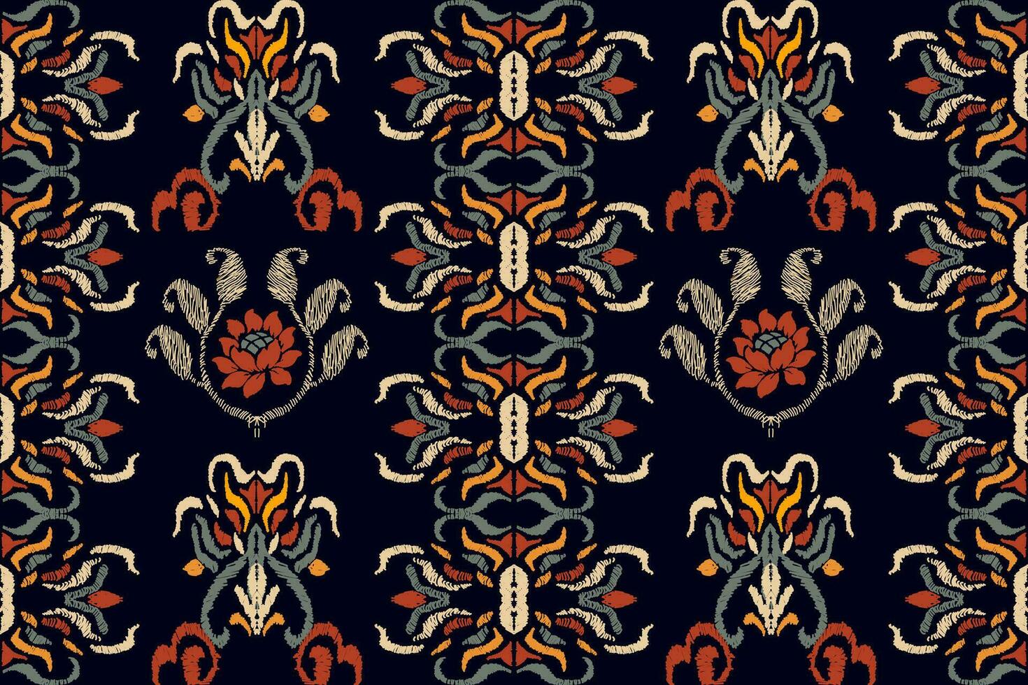 Seamless pattern of Ikat, traditional seamless pattern, black background, Aztec style, embroidery, abstract, vector, design illustration for texture, fabric, print. vector