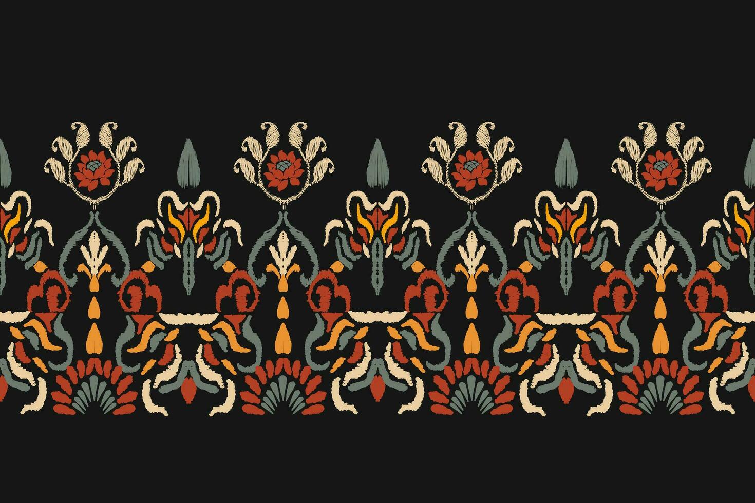 Seamless pattern of Ikat, traditional seamless pattern, black background, Aztec style, embroidery, abstract, vector, design illustration for texture, fabric, print. vector