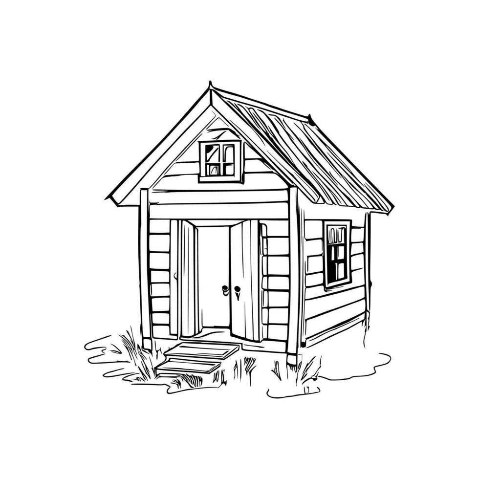 Black and white line art doghouse vector