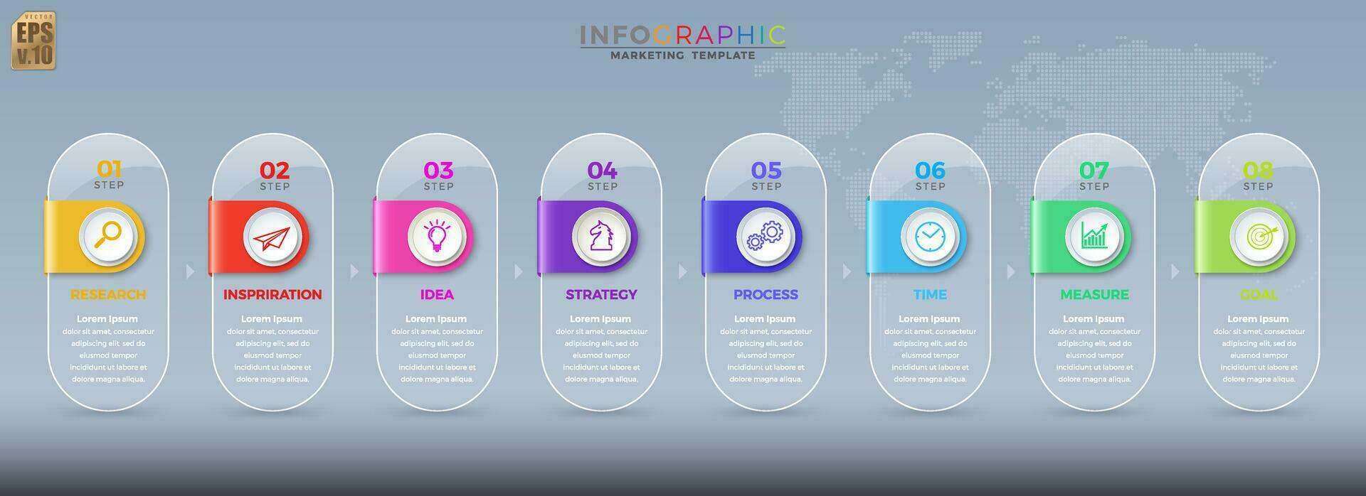 Infographic Business colorful template vector design Round icons 8 options or steps in glass transparency style. You can used for Marketing process, workflow presentations layout, flow chart, print ad
