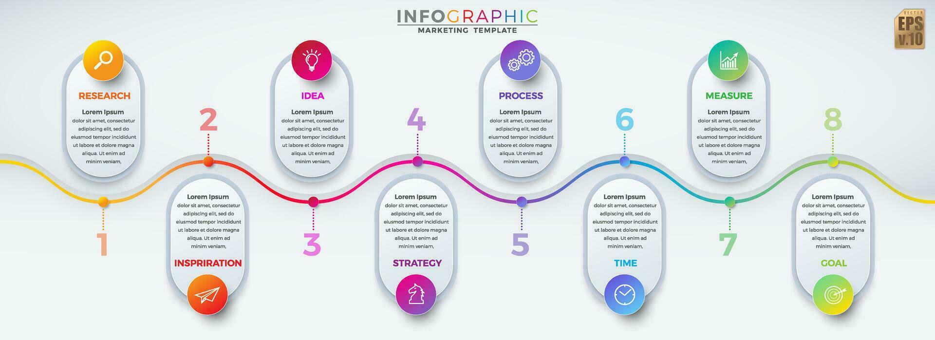 Infographic vector business marketing template colorful design circle icons 8 options isolated in minimal style. You can used for Marketing process, workflow presentations layout, flow chart, print ad