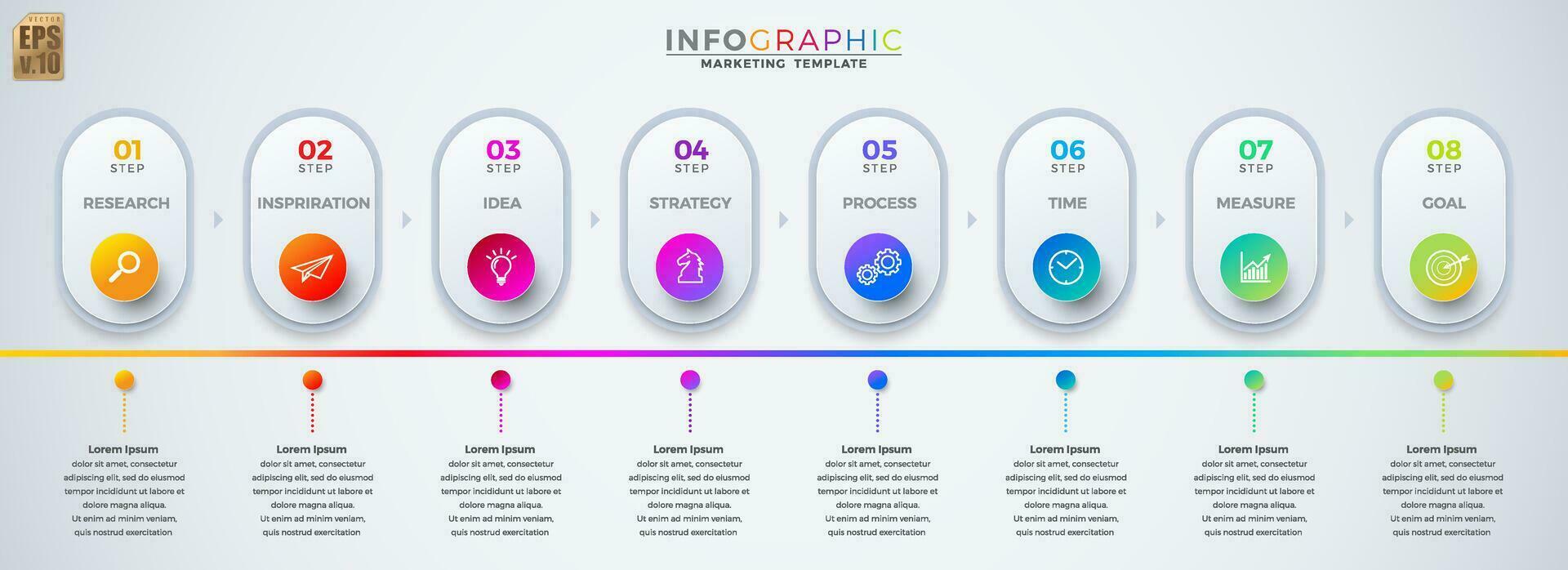 Infographic vector business marketing template colorful design circle icons 8 options isolated in minimal style. You can used for Marketing process, workflow presentations layout, flow chart, print ad