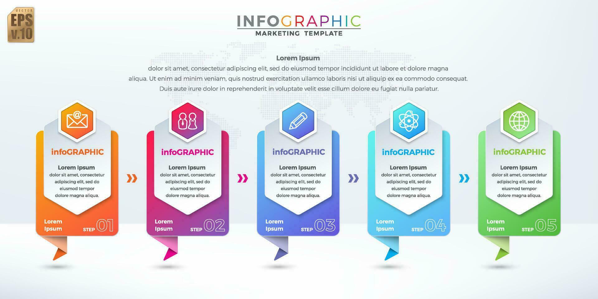 Infographic business design hexagon icons colorful marketing template vector. 5 options or steps on banner style. You can used for Marketing process, workflow presentations layout, flow chart. vector