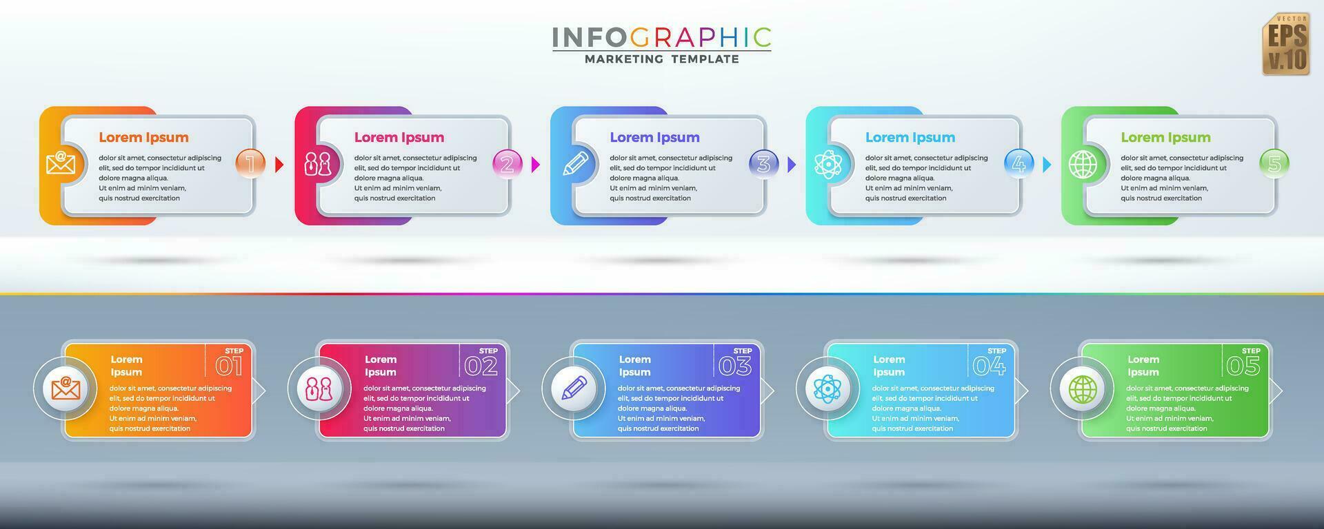 Infographic Business vector design colorful banner template. circle icon 5 options in minimal style. You can used for Marketing process, workflow presentations layout, flow chart, print ad.