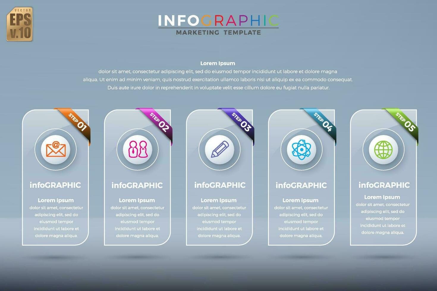 Infographic Business colorful template vector design Round icons and shiny bar 5 options or steps in glass transparency plate style. You can used for Marketing process, workflow presentations layout