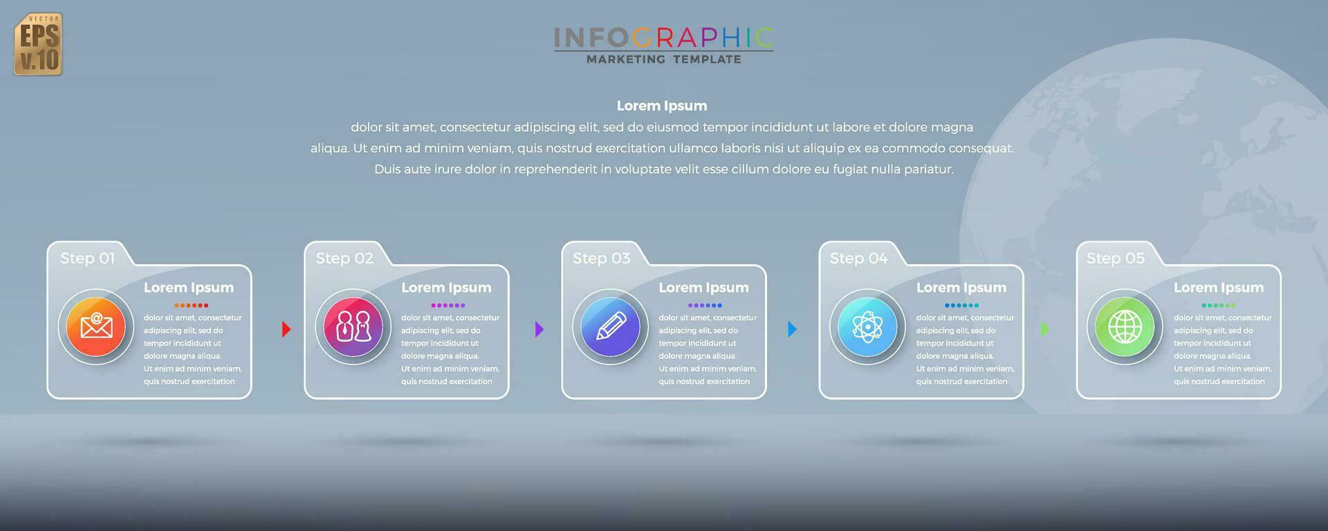 Infographic vector design Business colorful template folder 5 options icons in glass transparency style. You can used for Marketing process, workflow presentations layout, flow chart, print ad.