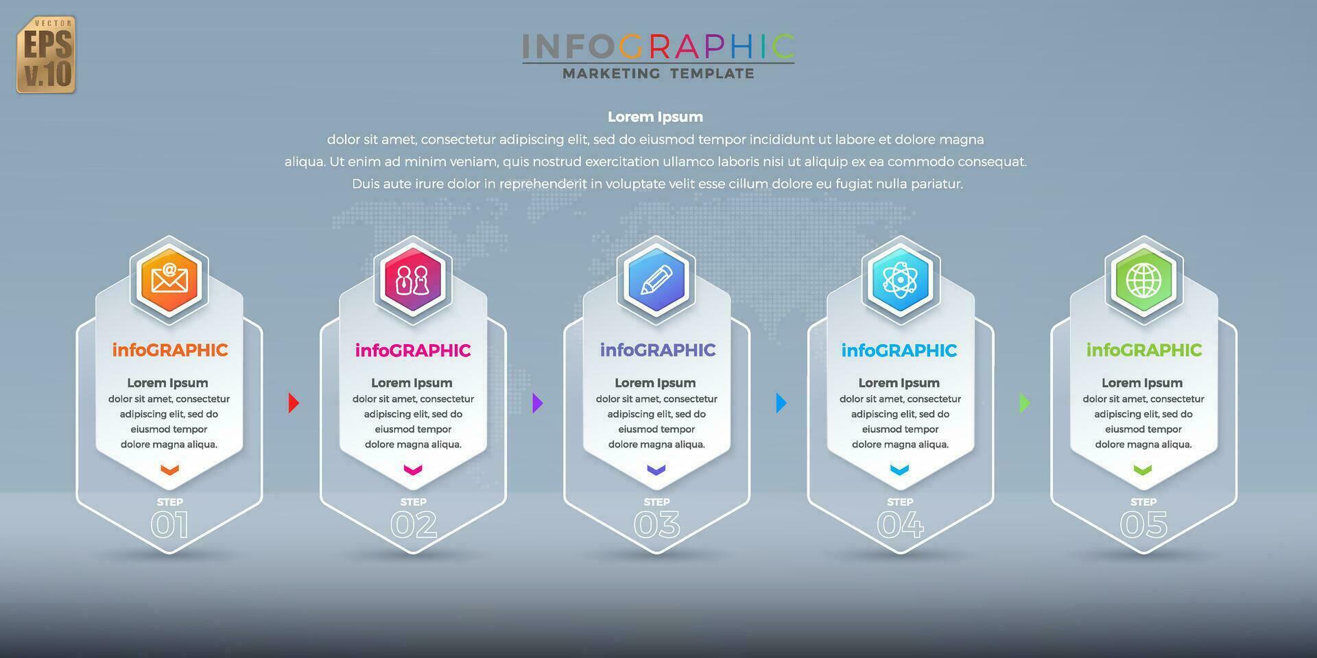 Infographic vector business marketing design hexagon icons colorful template. 5 options in glass transparency. You can used for Marketing process, workflow presentations layout, flow chart.