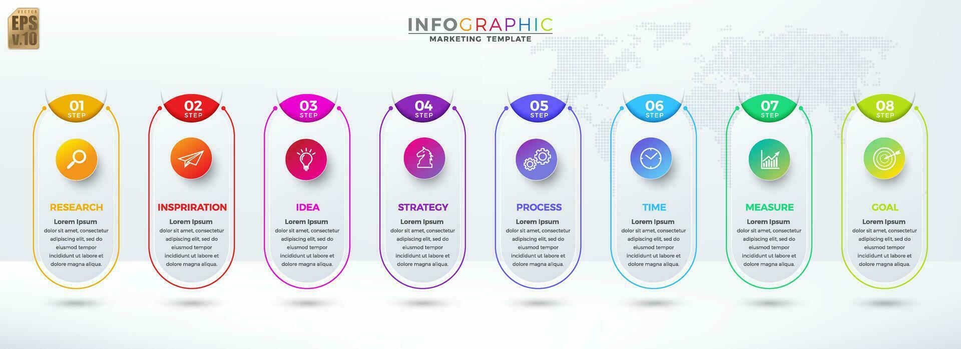 Infographic business colorful vector design circle icons 8 options isolated in minimal style on world map. You can used for Marketing process, workflow presentations layout, flow chart, print ad.