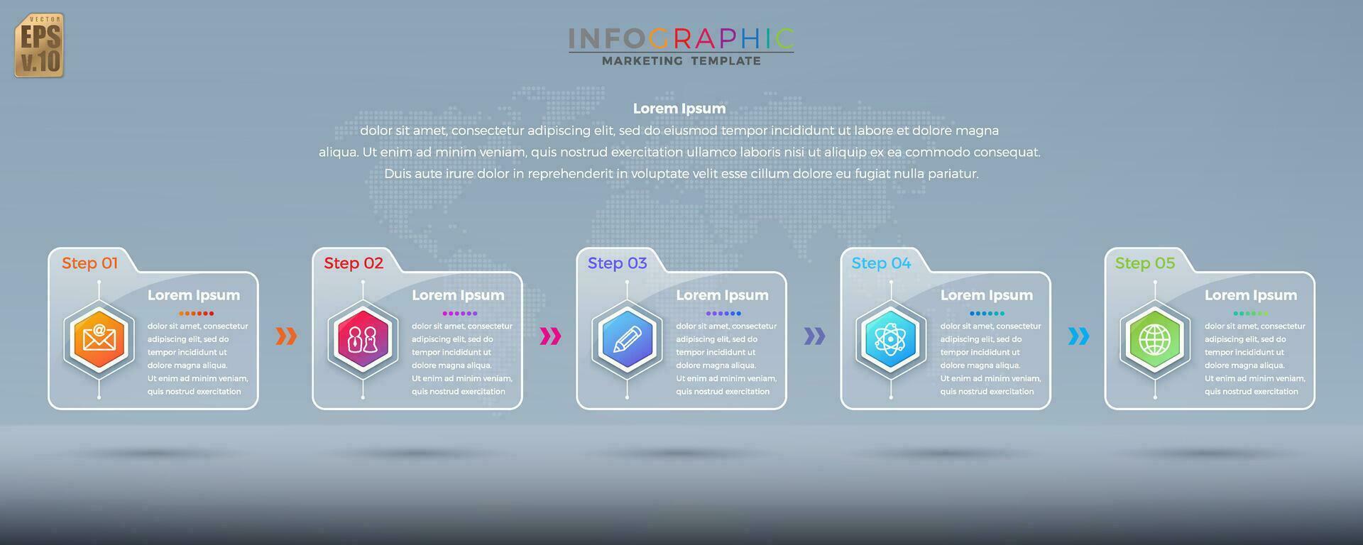 Infographic vector design Business colorful template folder 5 option hexagon icons in glass transparency style. You can used for Marketing process, workflow presentations layout, flow chart, print ad.