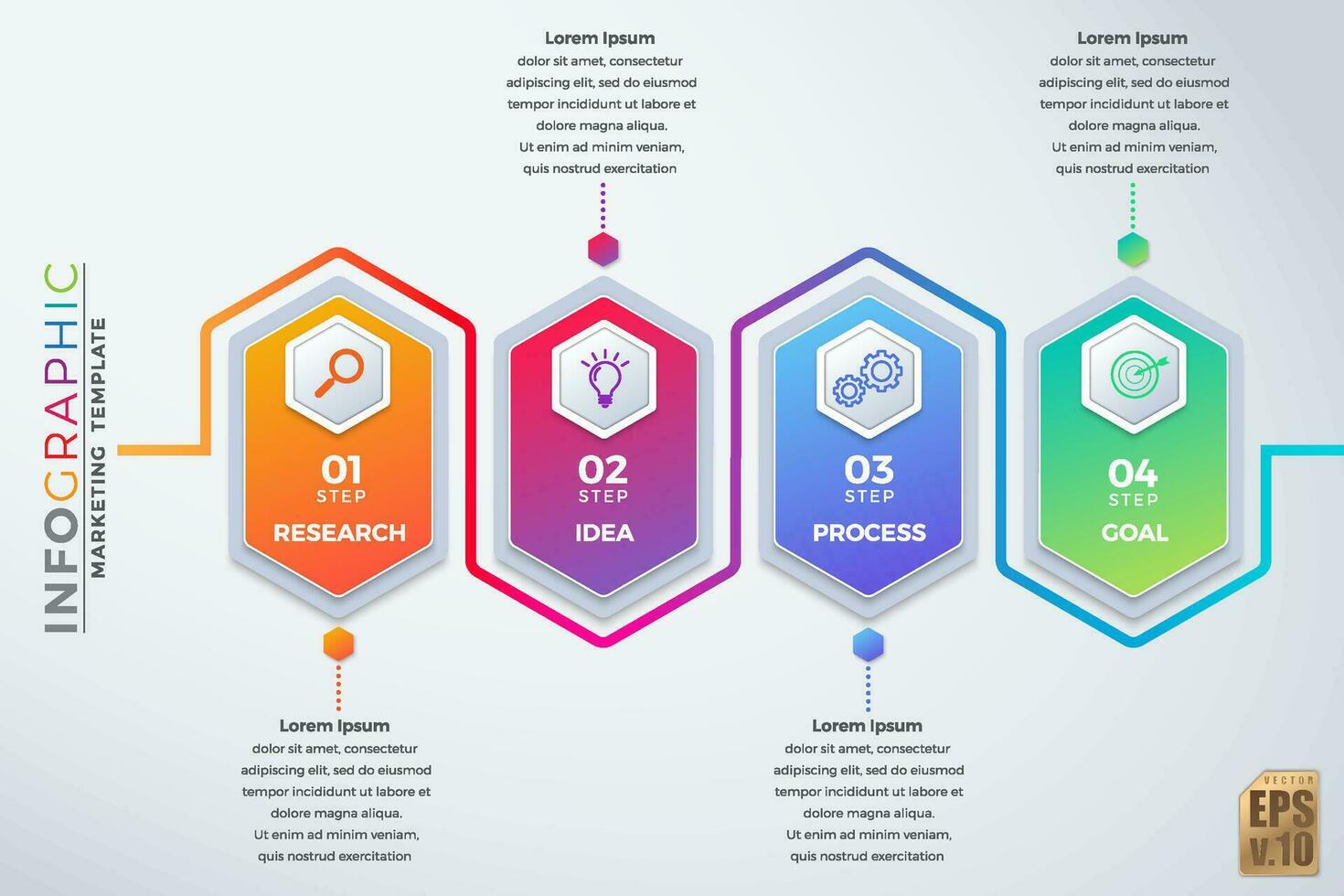 Infographic vector business marketing design hexagon icons colorful template. 4 options minimal Isolated on white background. You can used for Marketing process, workflow presentations, flow chart