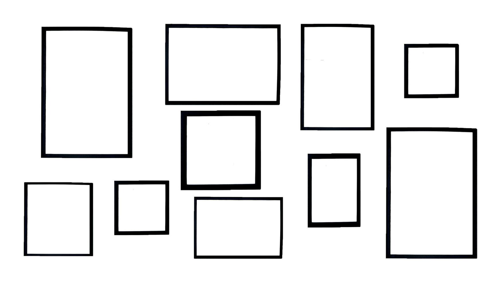Many black frame isolated on white background. Group of mockup object and picture frame for adding text on copy space. photo