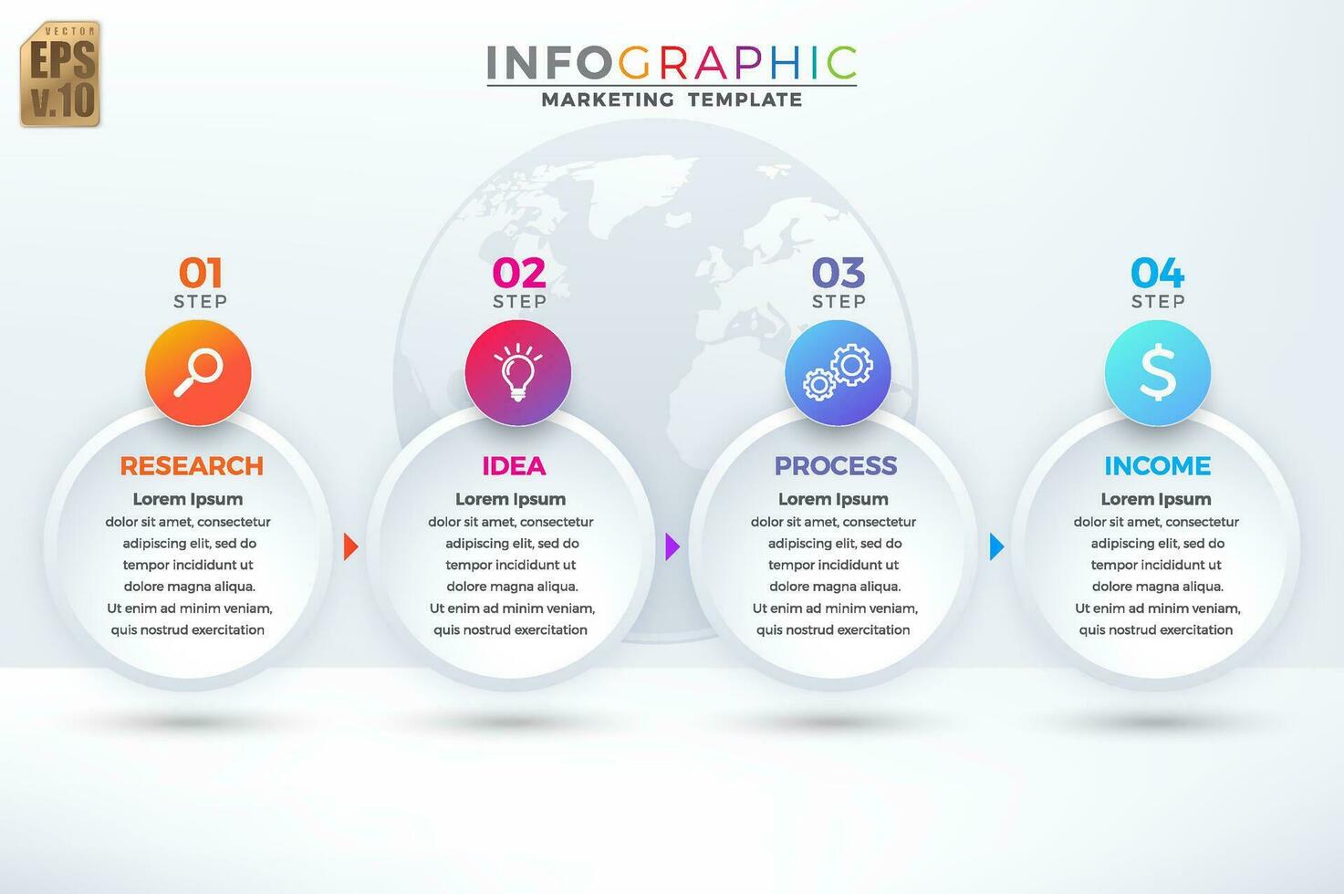 Infographic vector business marketing template colorful design circle icons 4 options isolated in minimal style on globe. You can used for Marketing process, workflow presentations layout, flow chart.