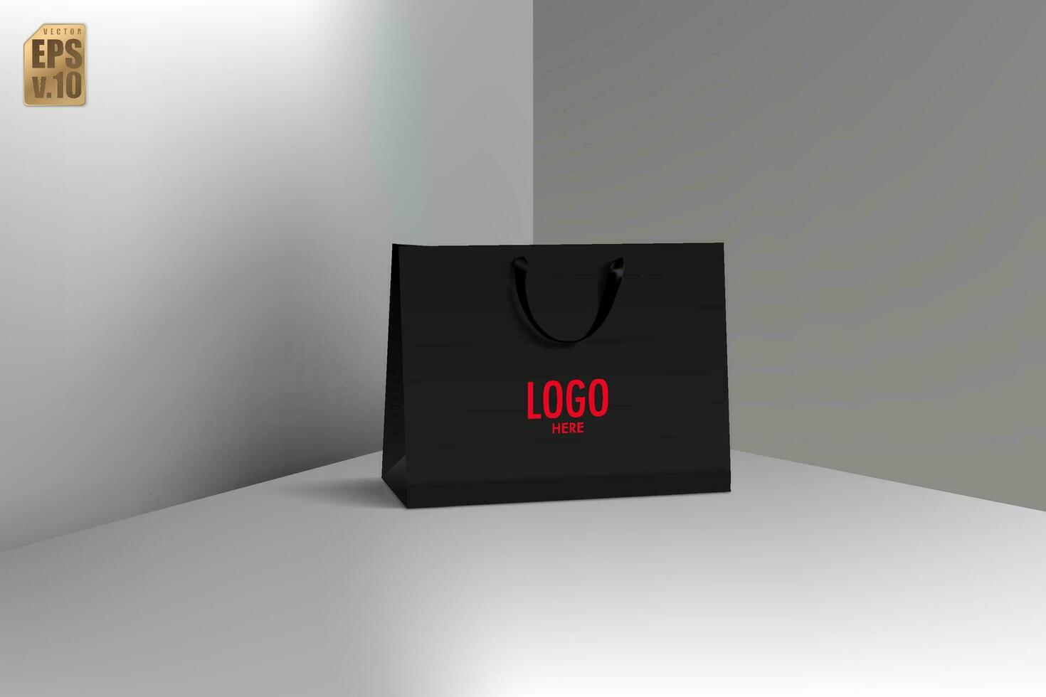 negro papel bolso y negro encargarse de realista vector diseño. blanco logo para insertar marca. usted lata usado para márketing en línea, ventas, presentaciones disposición, publicidad, promoción, compras, impresión anuncio.