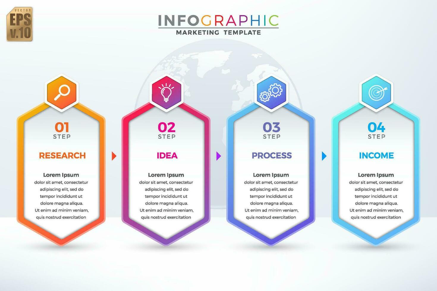 Infographic vector business marketing design hexagon icons colorful template. 4 options minimal style on globe Background. You can used for Marketing process, workflow presentations layout, flow chart