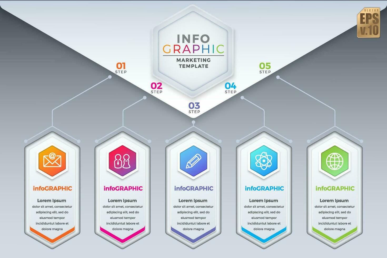 Infographic business design hexagon icons colorful marketing template vector. 5 options or steps on gray background. You can used for Marketing process, workflow presentations layout, flow chart. vector