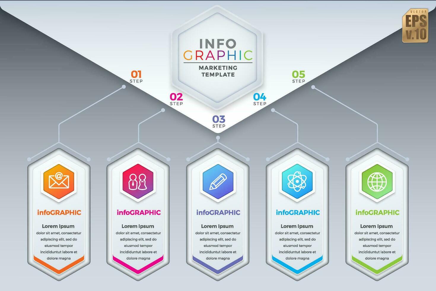 infografía negocio diseño hexágono íconos vistoso márketing modelo vector. 5 5 opciones o pasos en gris antecedentes. usted lata usado para márketing proceso, flujo de trabajo presentaciones disposición, fluir cuadro. vector